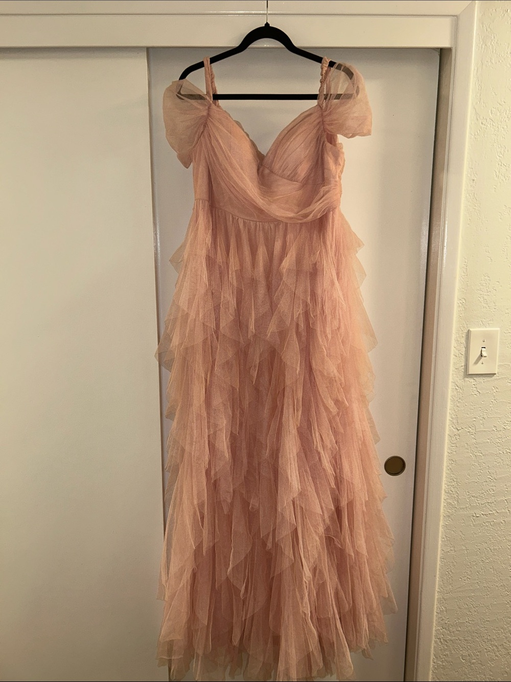 Romantic Blush Pink Tulle Ruffle Maxi Dress